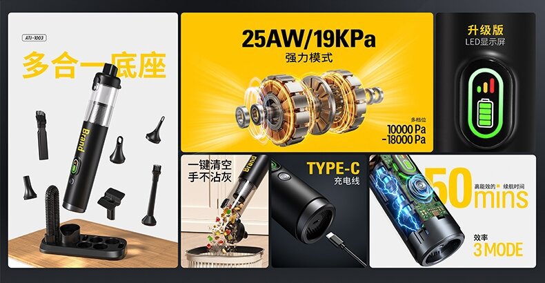 Car-mounted brushless cordless vacuum cleaner, handheld mini blower and vacuum in one, digital display, super strong suction, suitable for home and outdoor use