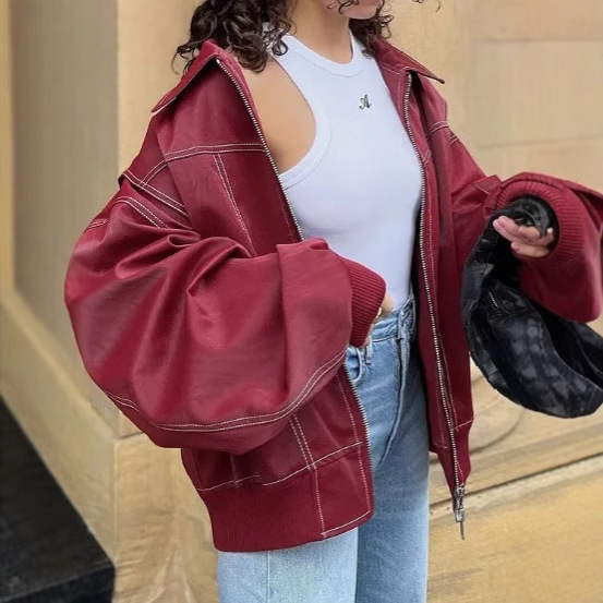 Cross-border in stock Amazon Autumn and Winter Women's Fashion Loose Lapel Long Sleeve Retro American Jacket Zipper Coat