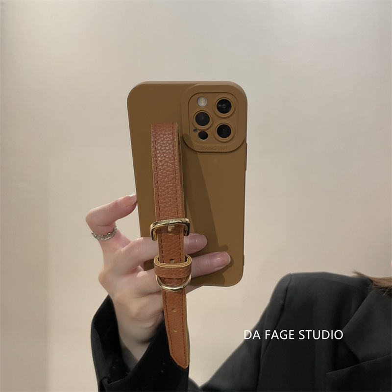 Temperament retro brown belt wristband for x apple 15 mobile phone case 8p female 14promax\16pro protective cover