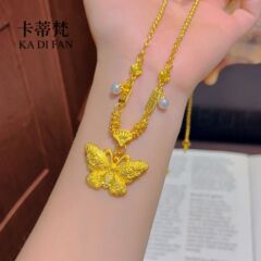 镀真金高保色沙金点钻福蝶迭至蝴蝶吊坠项链新中式原创设计毛衣链