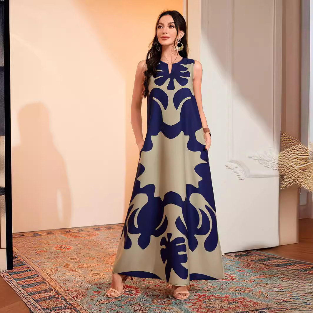 Vestido feminino boêmio longo, estampado, casual retrô, com decote em V e sem mangas, modelo mais vendido de 2024._voghion.com