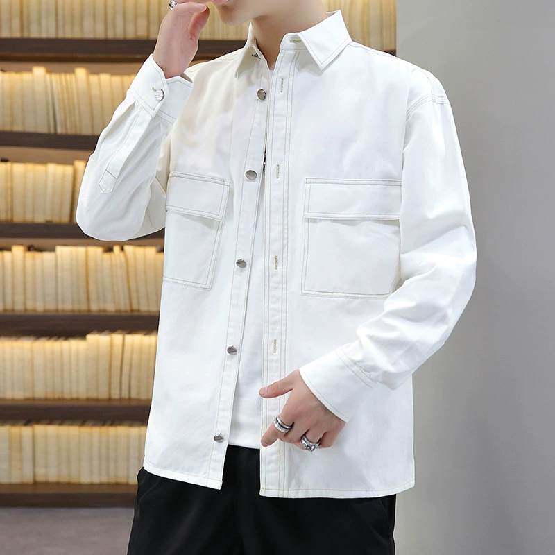 Новая тяжелая куртка-рубашка из чистого хлопка в американском стиле с длинными рукавами, весенняя однотонная утолщенная рубашка с двойными карманами, рабочая одежда