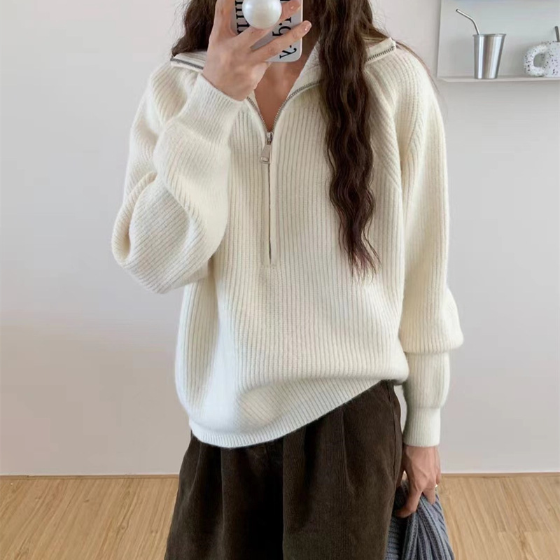 Korean Style Casual Style Pullover Half Zip Sweater Women's 2024 Autumn and Winter New Short Solid Color Thickened Sweater Top Korean Style Casual Style Pullover Half Zip Sweater Women's 2024 Autumn and Winter New Short Solid Color Thickened Sweater Top