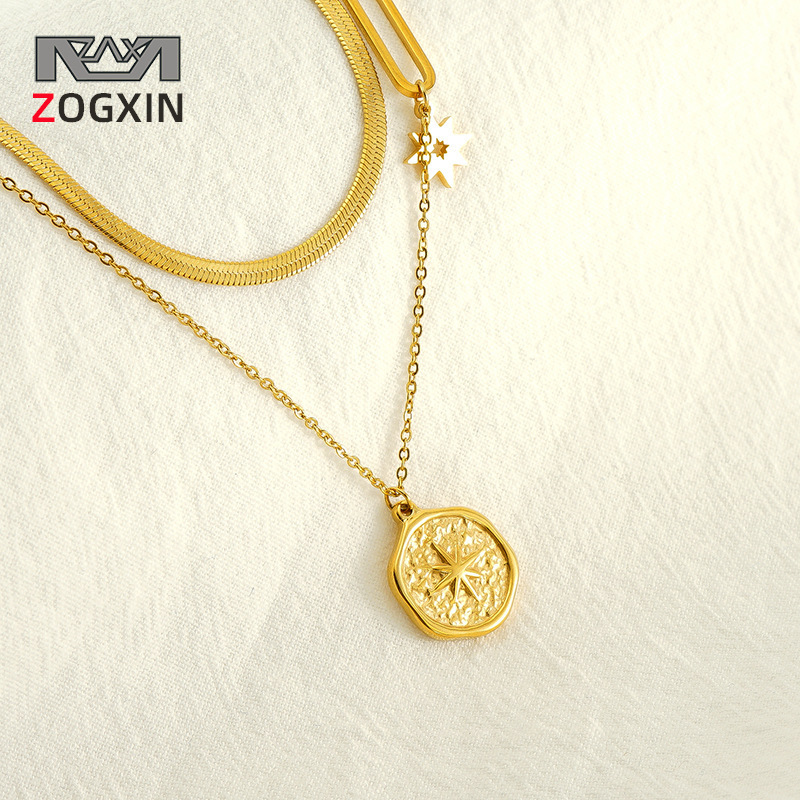 Collar de estrella de seis puntas con cadena de doble capa retro francesa nueva transfronteriza 2024 para mujer, joyería de acero inoxidable en stock, fabricante mayorista