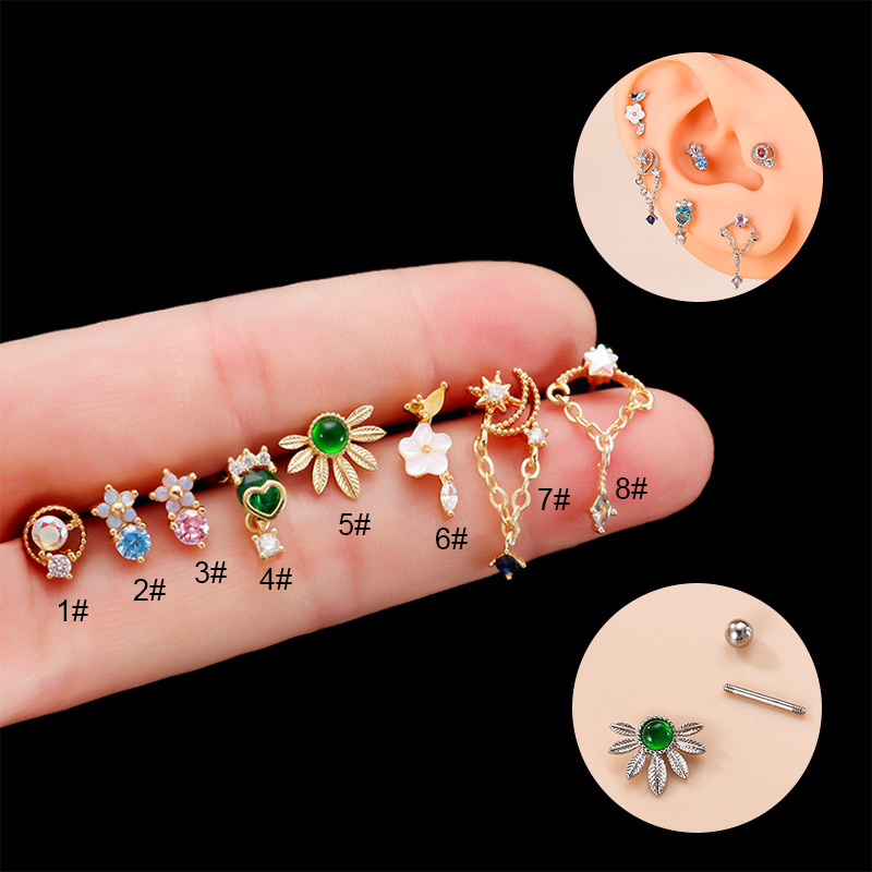 Zircon Inlay Material Ear Studs Classification 1 Piece Quantity 1 Piece Ear Cartilage Rings & Studs Fashion Flower 316L Stainless Steel Copper Plating Inlay Zircon