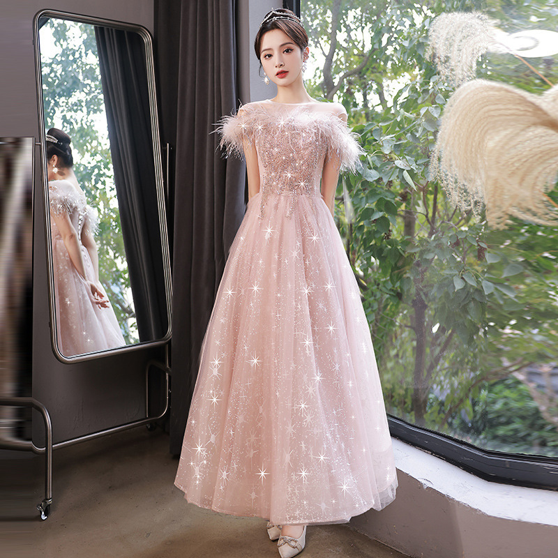 Evening dress female elegant socialite light luxury niche style pink wedding dress art exam host 18-year-old Starry Sky Princess dress
