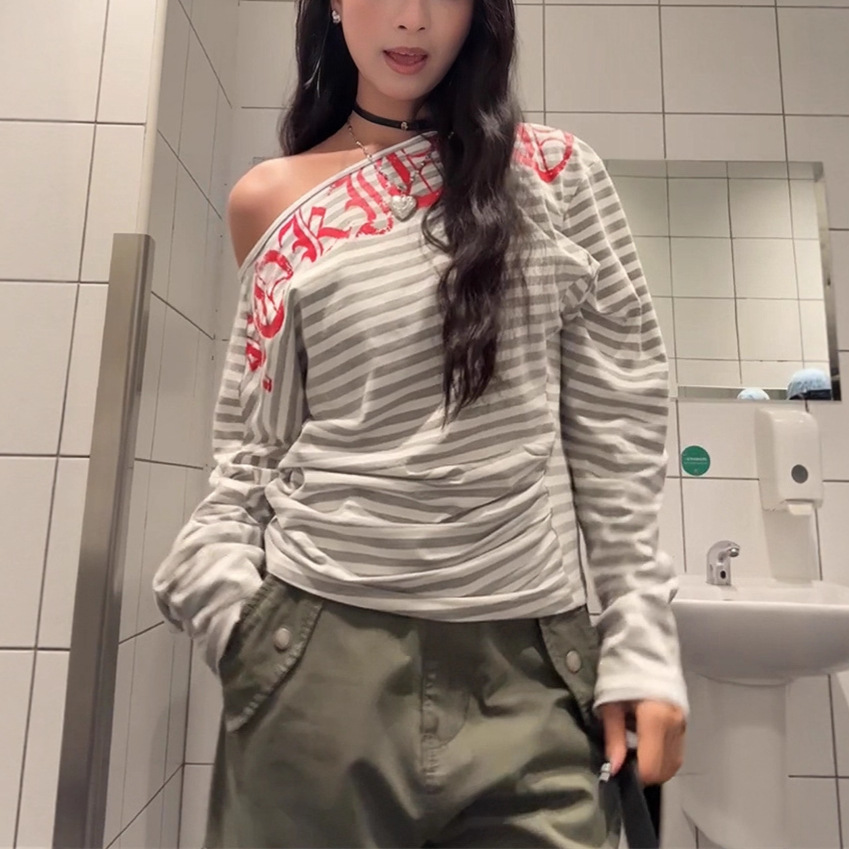 春秋女装新款 欧美风辣妹时尚休闲印花条纹斜领露肩长袖T恤上衣