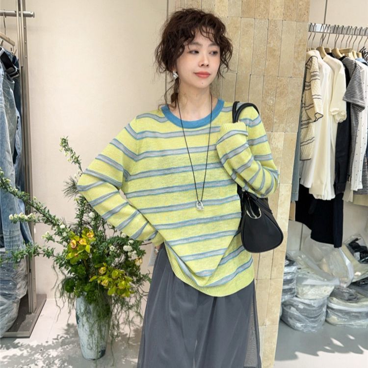 High-End Textured Striped Long-Sleeved Knitwear for Women 2026 Early Spring New Korean Style Casual Versatile Thin Top High-End Textured Striped Long-Sleeved Knitwear for Women 2026 Early Spring New Korean Style Casual Versatile Thin Top