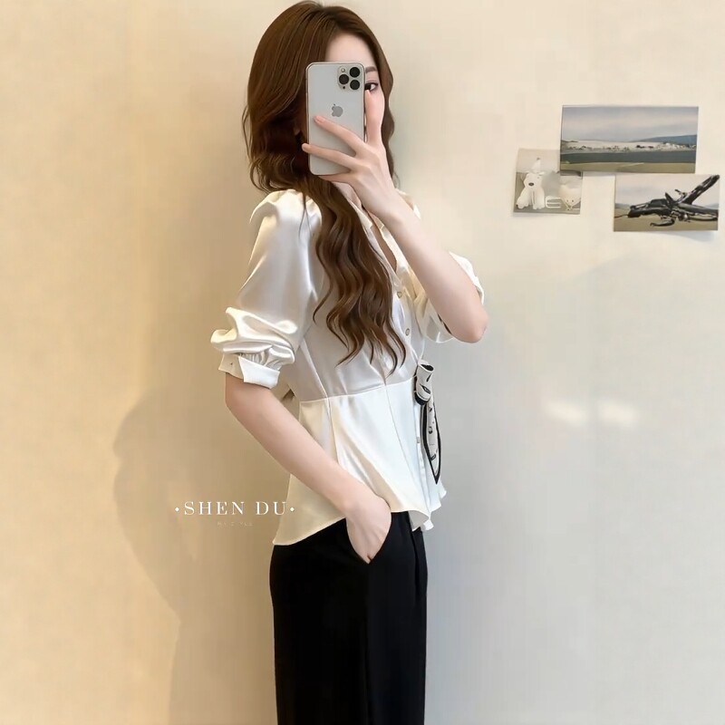 Áo sơ mi lụa trắng kiểu Pháp tay ngắn, thắt lưng lụa, dáng suông gầy — màu trắng chi tiết 5