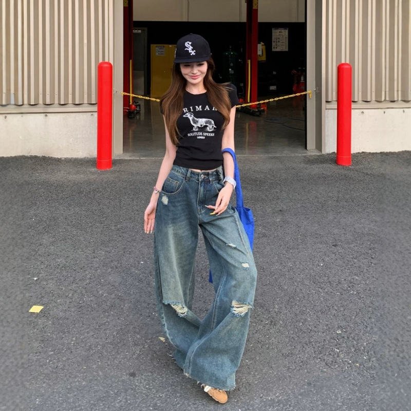 2026 New Style! Printed Short-Sleeve Slim-Fit T-Shirt Top for Women, Retro-Style Faux Distressed Washed Ripped Jeans