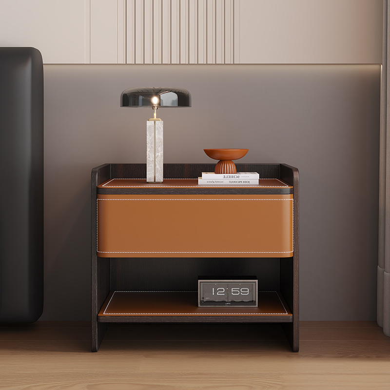 Mesita de noche de hotel de madera maciza simple B&B sillín de cuero gabinete de almacenamiento para dormitorio mesita de noche de hotel de lujo ligero de madera maciza sin pintura