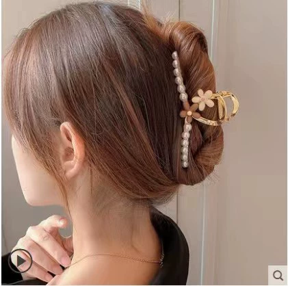 Metal crab hair clip, elegant rhinestone & pearl accents, large styles (multiple colors)