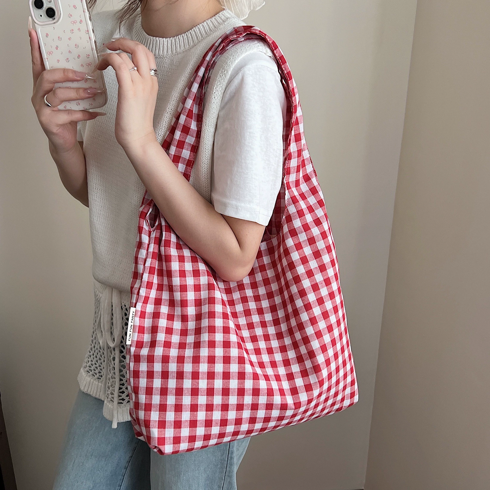 Новый корейский стиль, ретро клетчатый жилет в студенческом стиле, сумка через плечо большой вместимости, легкая сумка для покупок, универсальная сумка для покупок