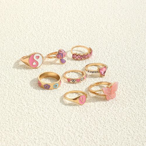 European and American fashionable personalized color oil drip ring Cherry flower love diamond mushroom butterfly ring set 8 pieces