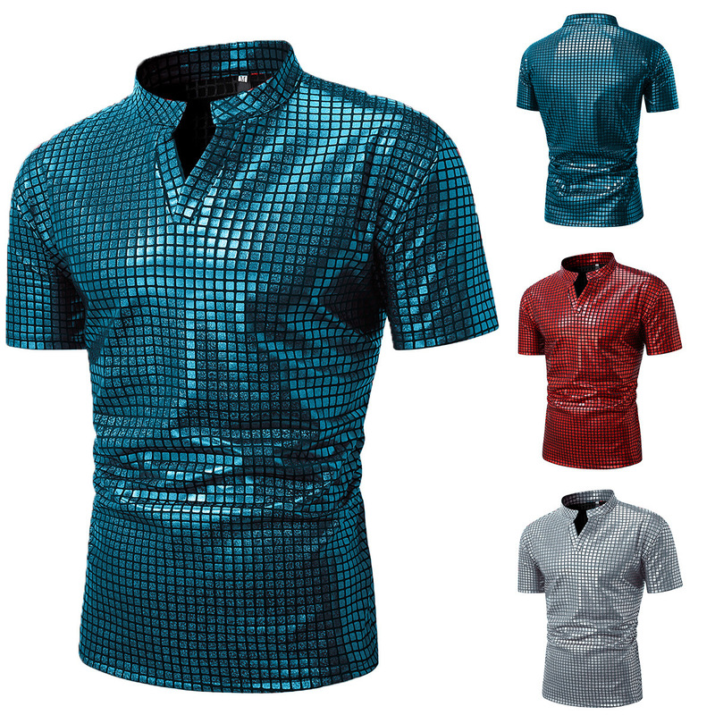 Summer Glitted Short-sleeved Polo Shirt 70 s Disco Party cosplay Clothing Men's Dress Henry Collar