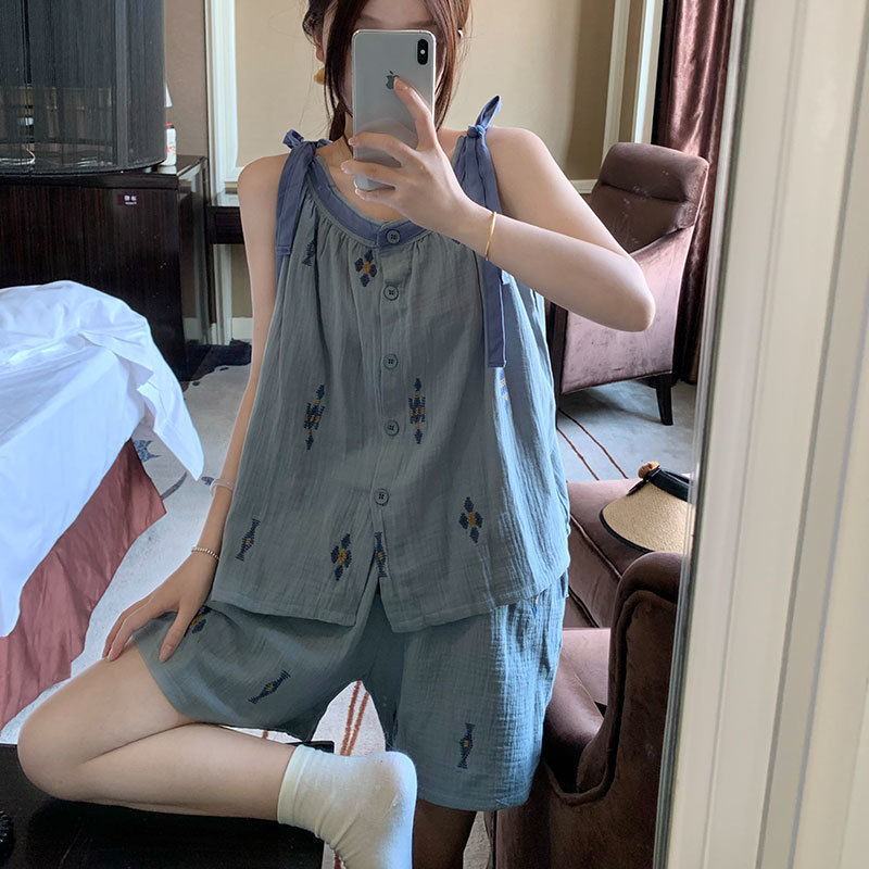 可爱撞色格子番茄睡衣女夏季新款甜美简约短袖短裤宽松家居服套装|undefined