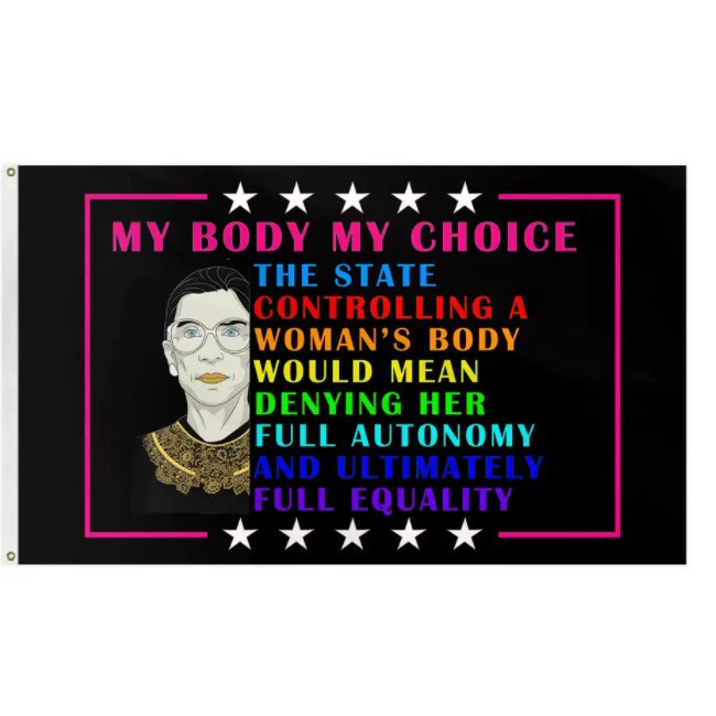 Flag MYBODYMYCHOICE polyester tapestry, durable digitally printed, two copper buckles