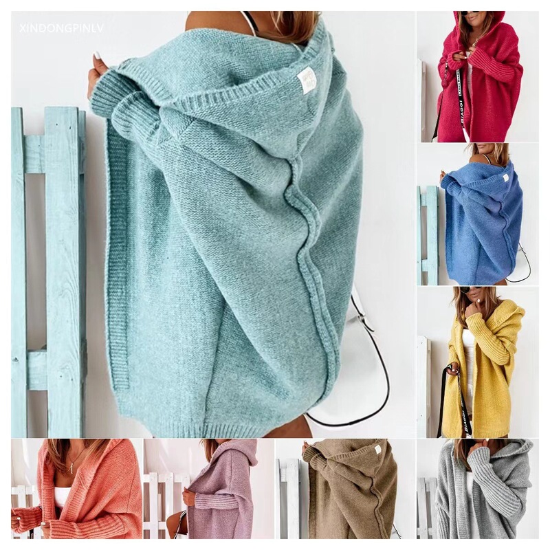 2026 European and American Style New Hooded Knit Sweater Aliexpress Wish Batwing Sleeve Soft Loose Back Patchwork Sweater