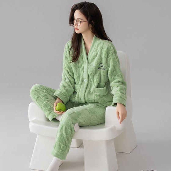 Internet celebrity simple pajamas women's coral fleece autumn and winter thickened winter flannel suit spring and autumn women's home wear