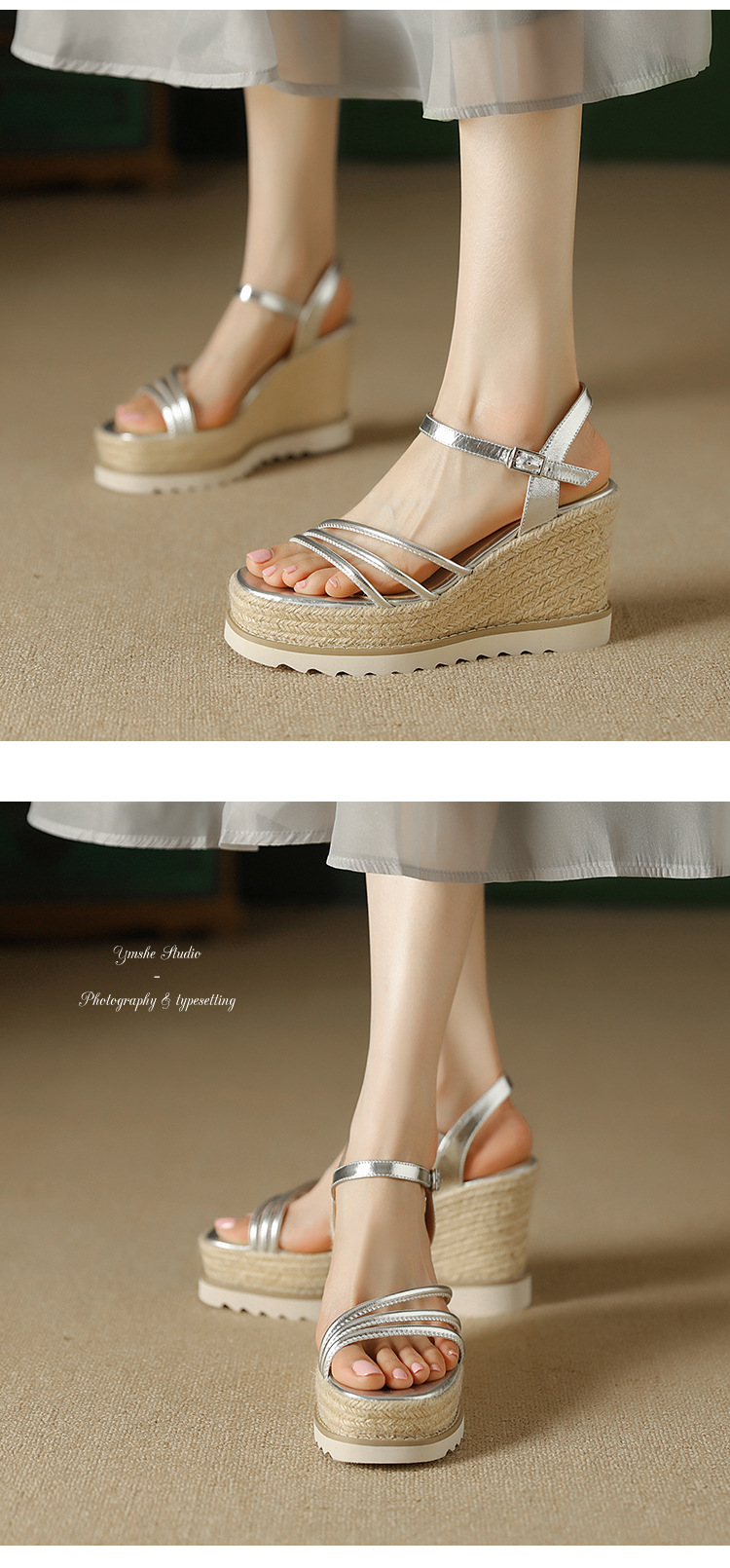 Sandal cao gót nữ phong cách Bohemian quai ngang mảnh hở mũi, đế xuồng đan rơm cao 9 cm — màu vàng, bạc chi tiết 6