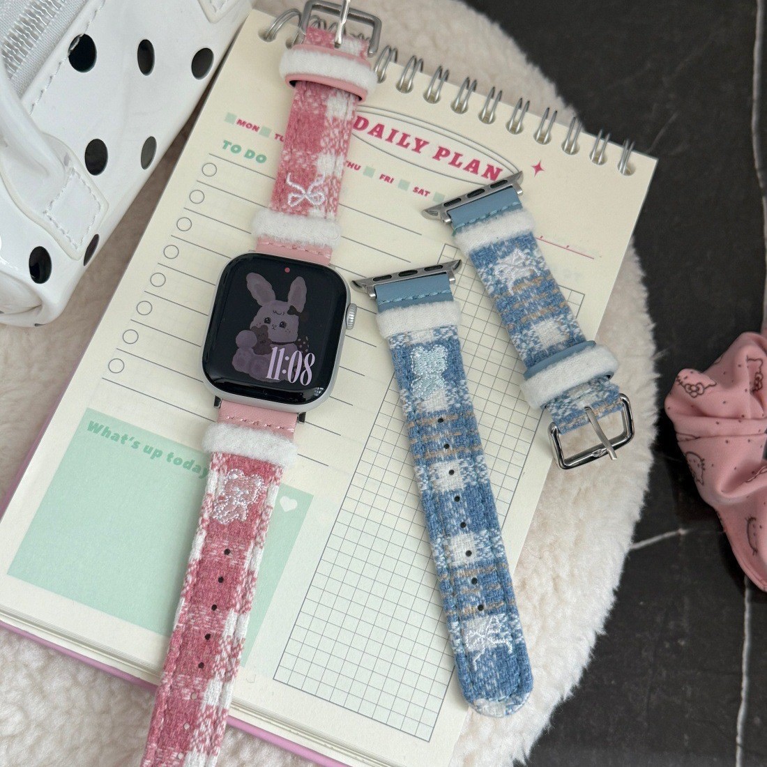 Bear Embroidered Plaid Watch Strap Suitable for Apple 1-11 Representative Strap Fit4/3 Huawei Gt5/4 Xiaomi 8/9Pro