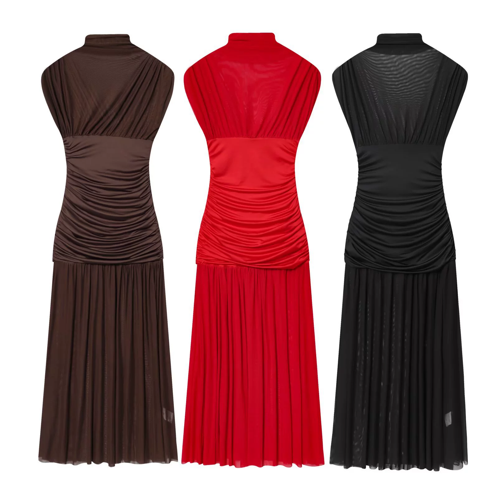 Летнее платье миди с высоким воротом, тюлевыми вставками и сборками по бокам, коллекция PB&ZA 2025, артикул 4772352