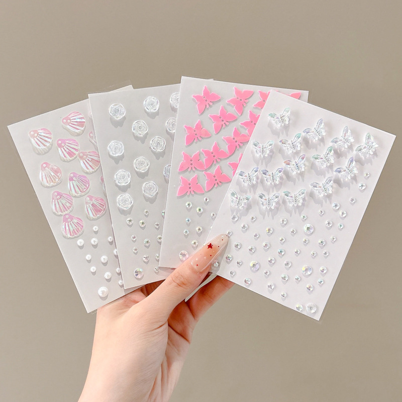 Niños espectáculo de escenario pegatinas de joyas perlas mariposas pegatinas de diamantes de perla maquillaje facial decoración autoadhesiva pegatinas sin pegamento