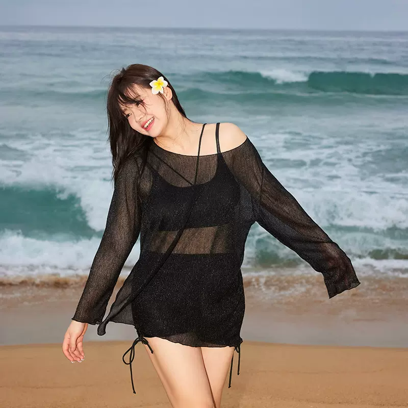 新款泳衣大码遮肉分体女款时尚分体平角比基尼长袖防晒罩衫三件套