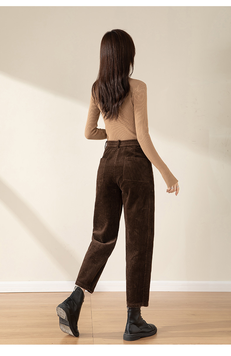 Quần cà rốt nhung kẻ nữ cạp cao ống rộng dáng suông — Màu kaki nhạt chi tiết 21