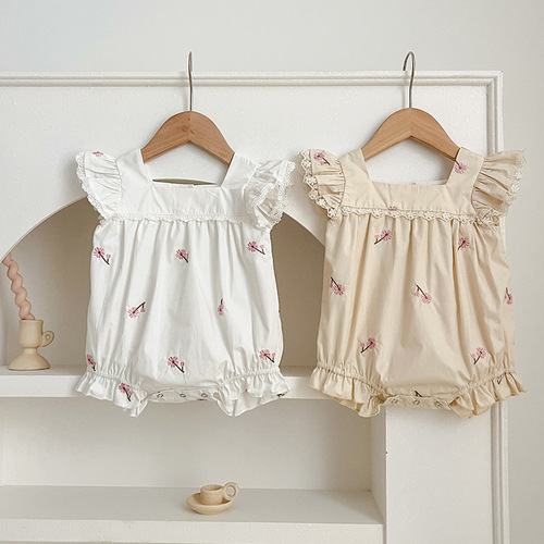 INS Summer Cute Baby Bodysuit with Lace Square Collar Embroidered Diaper Suit Cotton Sleeveless Hosiery Climbing Suit