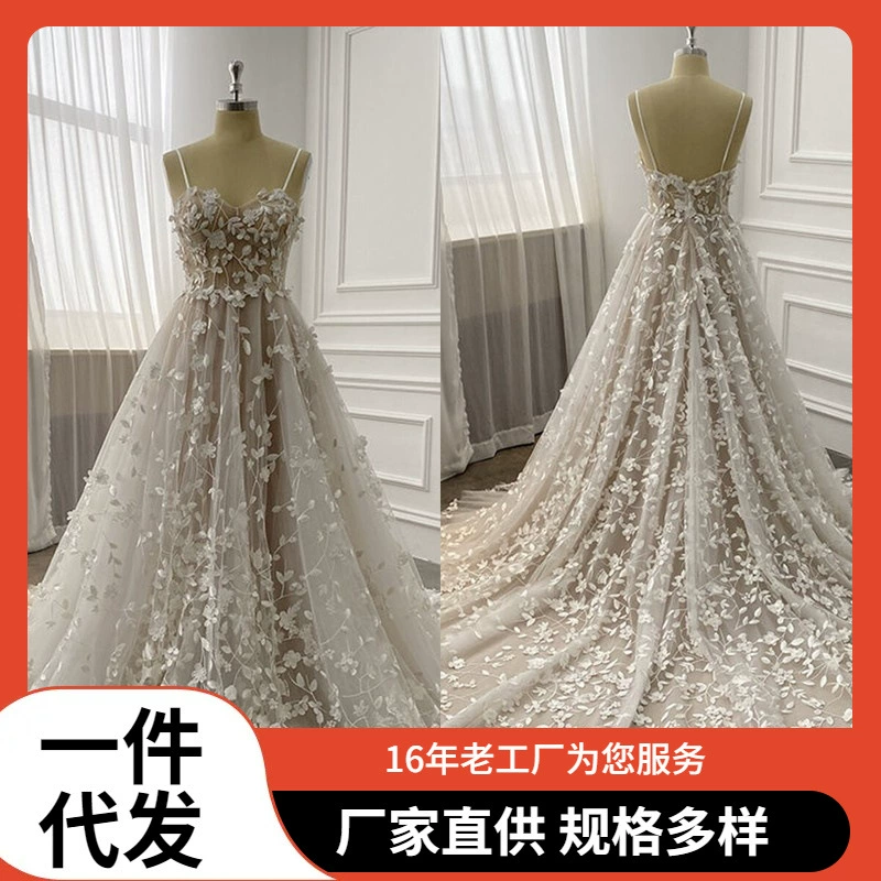 2025 новое экспортное длинное 3D кружевное свадебное платье с подвязками, без рукавов и с открытой спиной для женщин