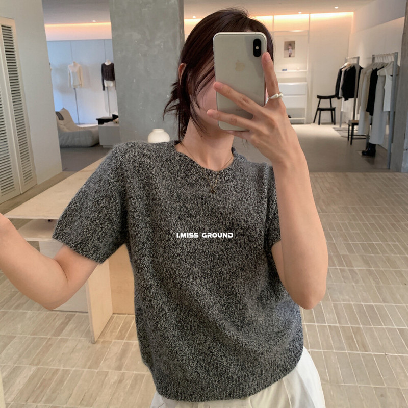 i miss韩标减龄小个子浣熊绒短袖针织衫女2025秋季内搭上衣毛衣|undefined