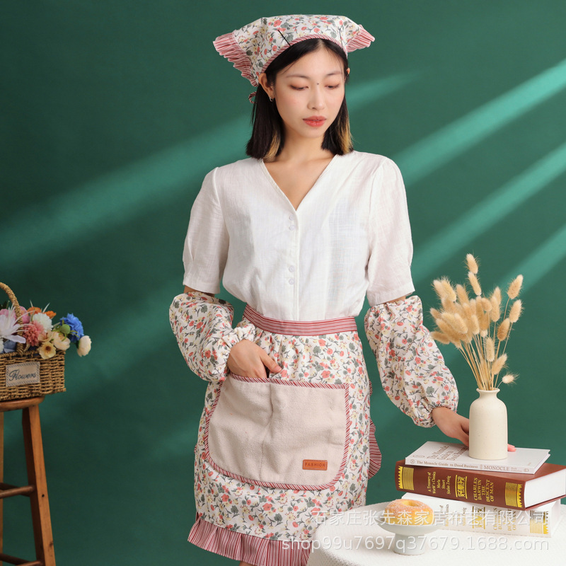 韓国版女性ファッションキッチン韓国式花レースエプロン二重防油防水かわいい家庭用小清新田園|undefined