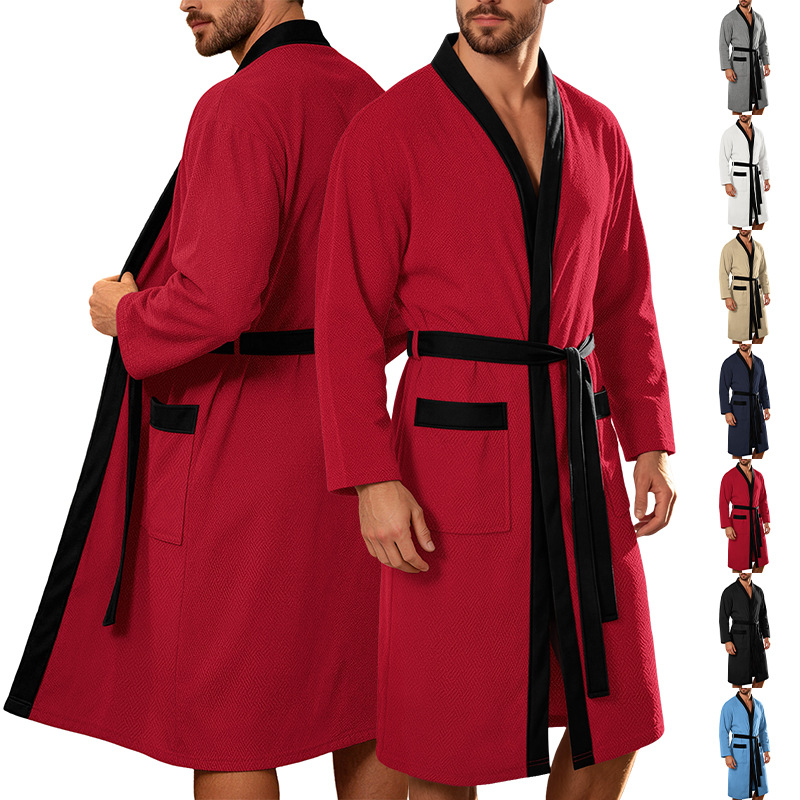 Amazon transfronterizo hombre twill lazo doble bolsillo ropa de baño casual hotel correa Europa y América ropa de dormir larga ropa para el hogar