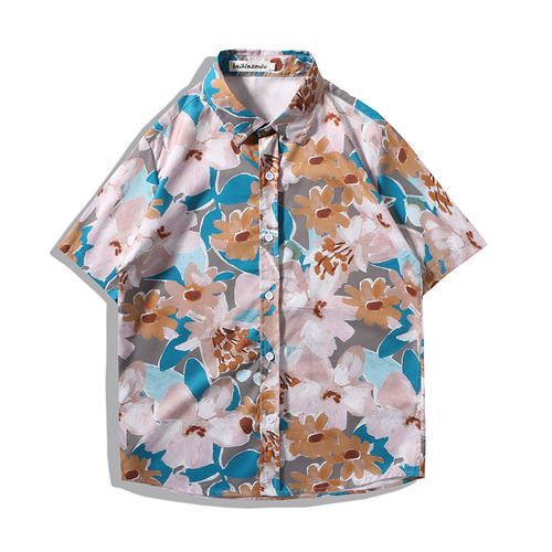 Hawaiian Flower Shirt Men's Short Sleeve Loose Plus Size Beach Shirt Set Couples Hong Kong Style Retro Trendy Cool Attire