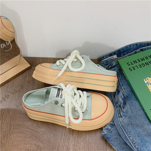  Internet Celebrity Live Broadcast Mint Green Canvas Shoes Women's Summer Two-Wear Flat Cloth Shoes Korean Style Casual Women's Shoes