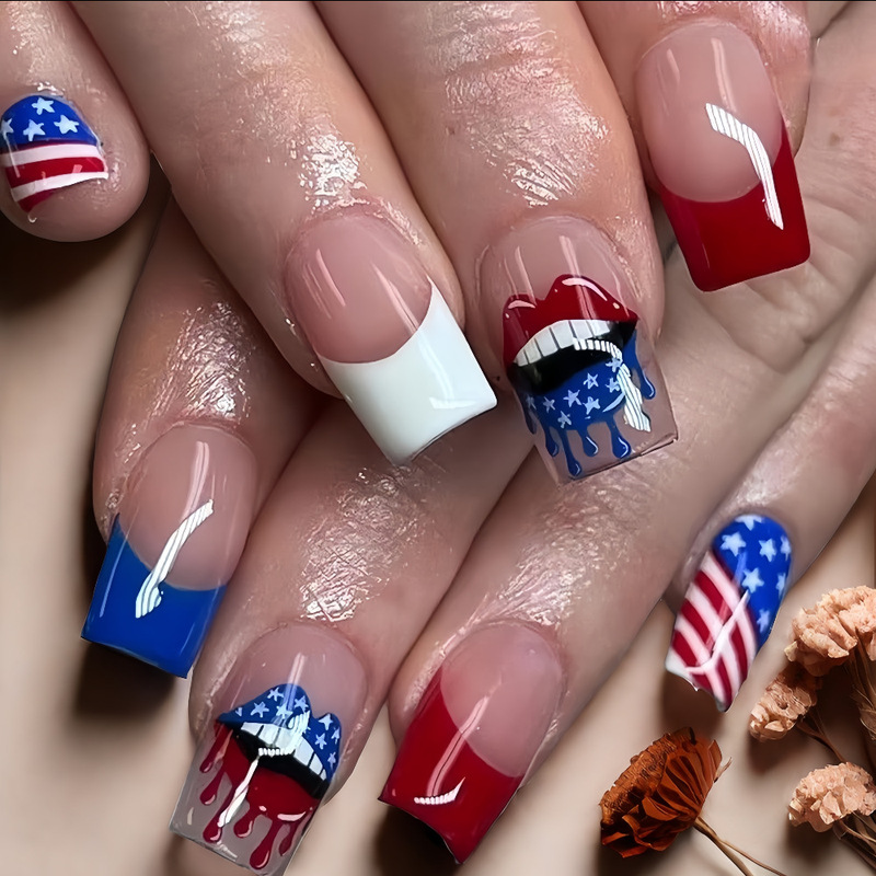 American Trendy Manicure Wearable Nails American Flag Independence Day Creative Lips European Square Manicure Fake Nails Tb36