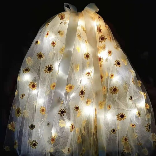 Bride with loose hair, double-layered pearl ribbon bow veil, curly edge, internet celebrity photo-taking headgear, children's luminous veil
