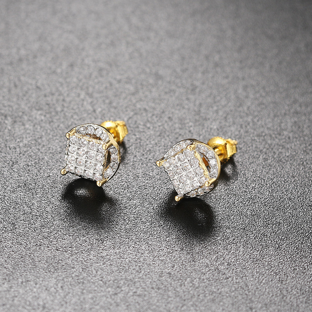 Popular Hip Hop Zircon Stud Earrings Men's And Women's Full Diamond Gold Plated Threaded Earrings Stud Earrings_voghion.com