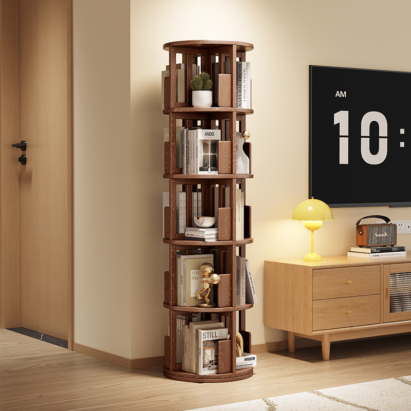 Solid Wood Rotating Bookshelf 360-Degree Simple Bookcase Walnut Storage Home Living Room Corner Kidsren's Floor-Standing Storage Rack