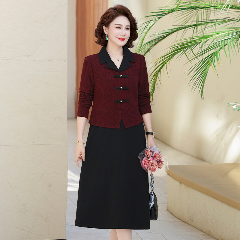妈妈装春秋款长袖遮肉连衣裙女中老年女秋装洋气假两件中长款裙子|undefined