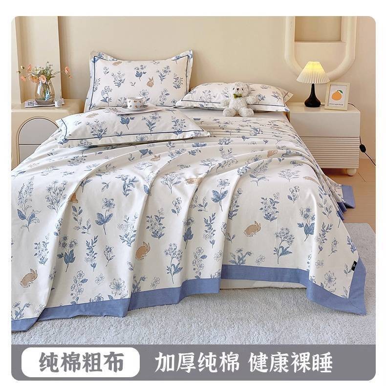 Ropa de cama de tela gruesa vieja de algodón puro, una sola pieza 2025 nueva funda de almohada de edredón impresa de verano, un solo traje de tres piezas