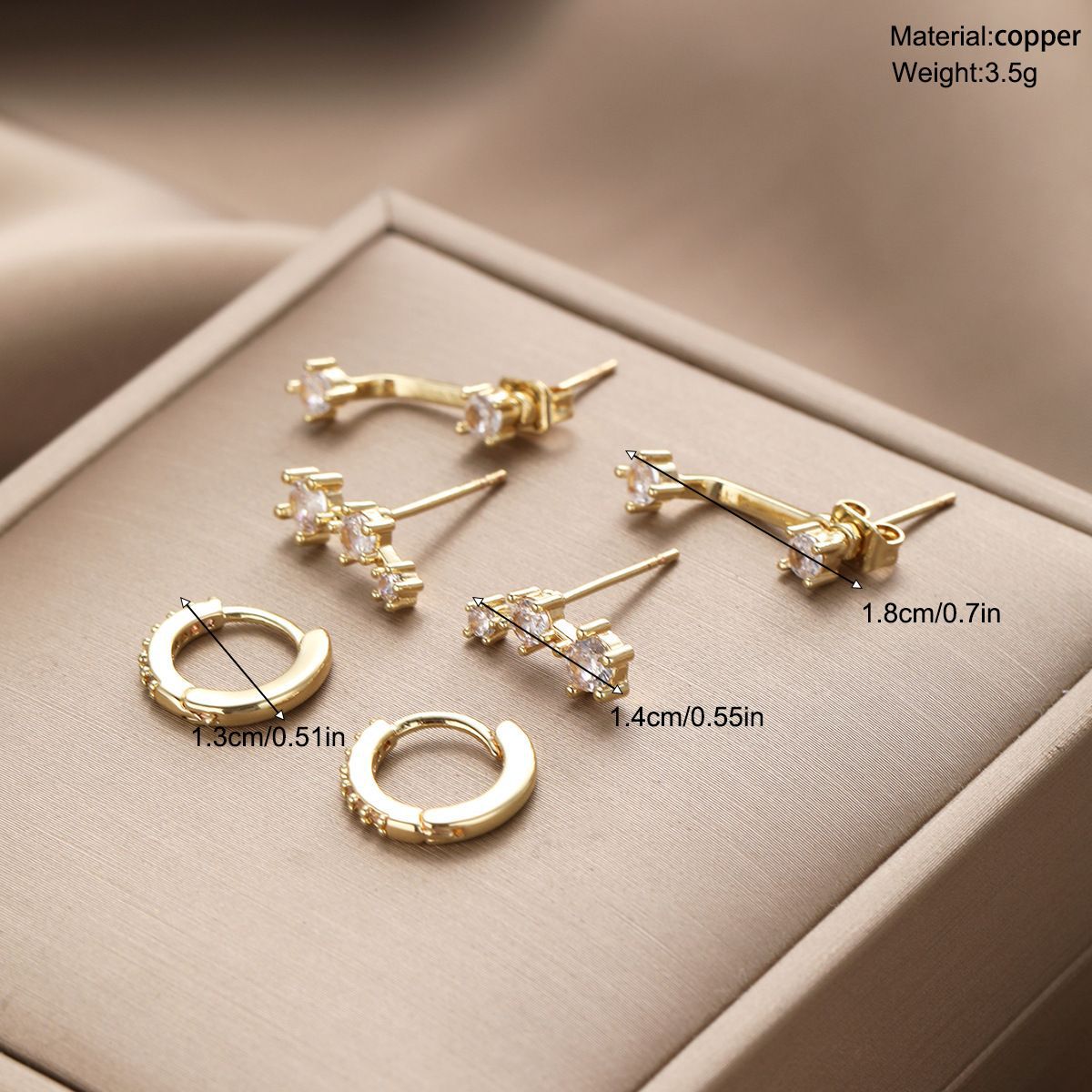 Set 3 paia orecchini a lobo in zircone e rame per donna_voghion.com