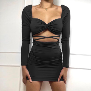 Slim dress sexy low cut dress with bandage and buttocks long sleeve short back skirt
