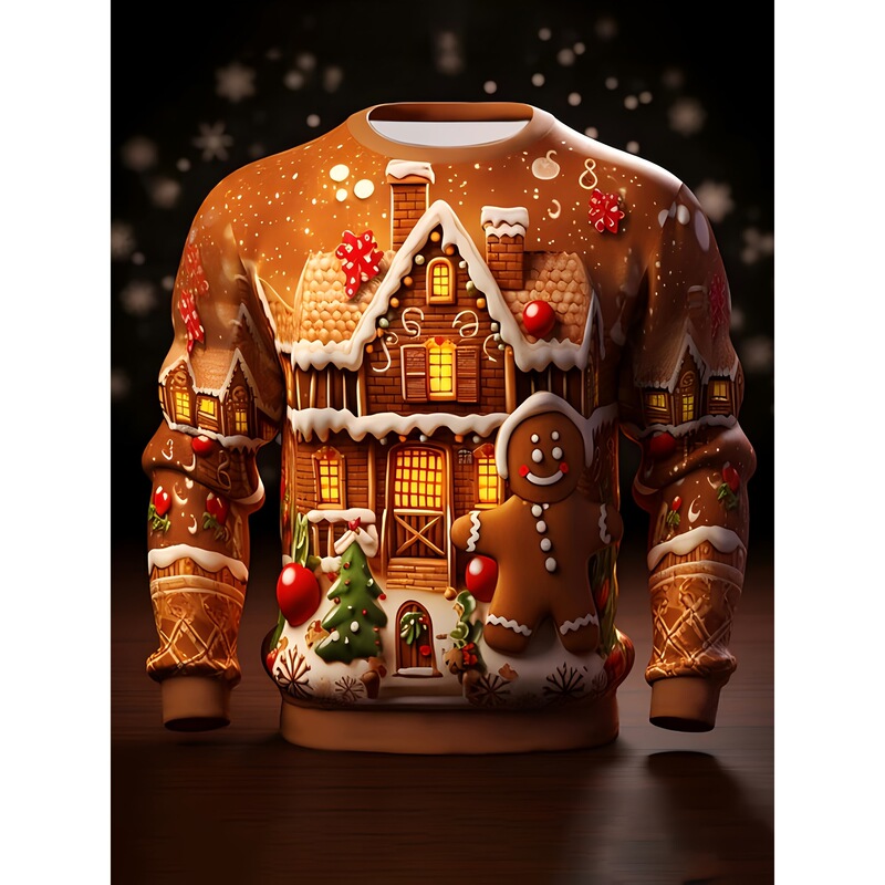 【3D】Gingerbread cartoon print men's crew neck sweatshirt, fashionable men's casual crew neck pullover, Santa 【3D】Gingerbread cartoon print men's crew neck sweatshirt, fashionable men's casual crew neck pullover, Santa