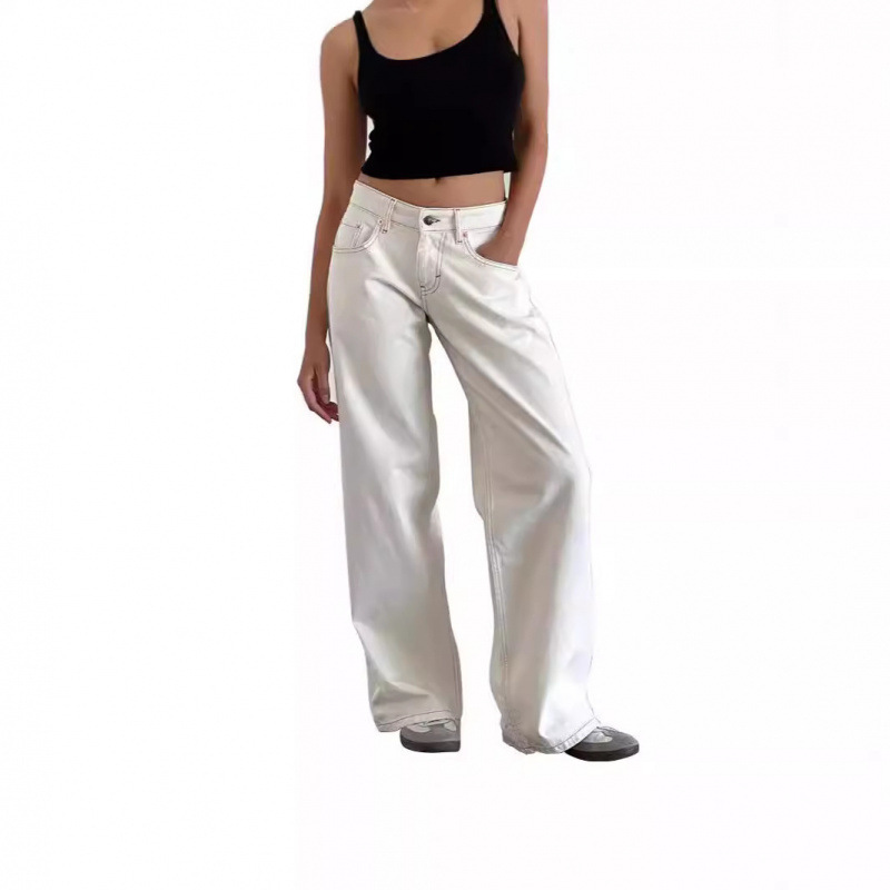 American retro low-waist non-stretch washed straight-leg jeans for women, autumn street style wide-leg denim pants, fresh and sweet
