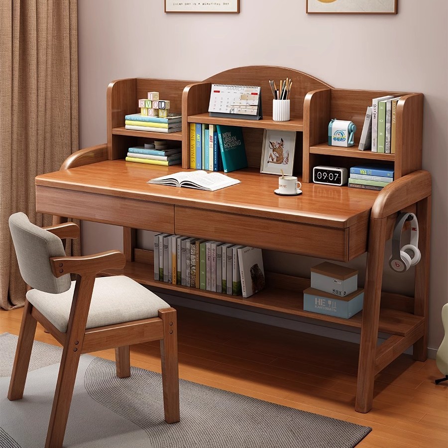 Solid Wood Children's Study Table for Primary and Secondary School Students, Home Bookshelf Integrated Table, Bedroom Liftable Children's Writing Desk and Chair