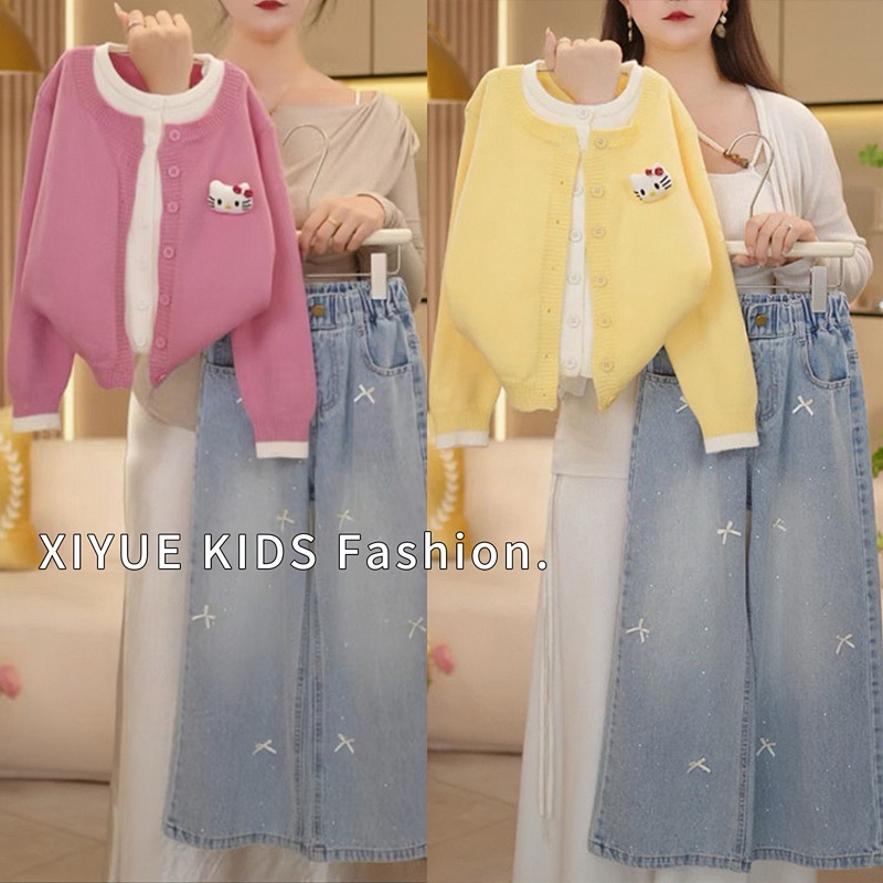 Xiyue Children's Wear & B25012KT Sweater Faux Two-Piece Cardigan and Jeans Set