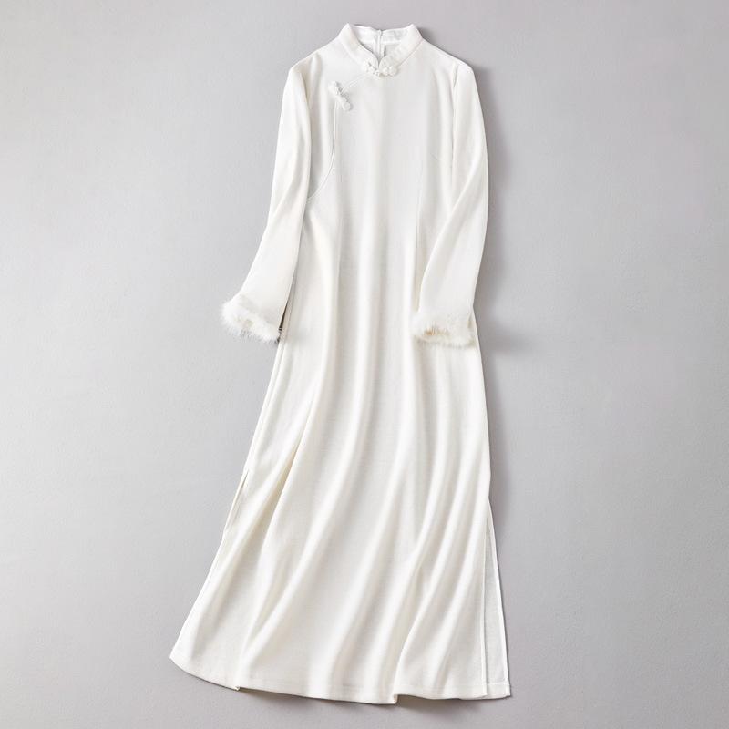 2023 autumn and winter New Chinese tea clothes women's improved cheongsam dress ao dai slim dress Daily knitted zen clothes dress