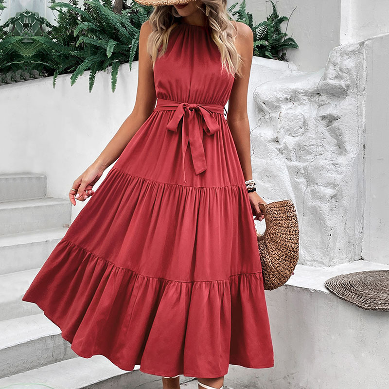 Women's backless collar solid color dress women's long._voghion.com